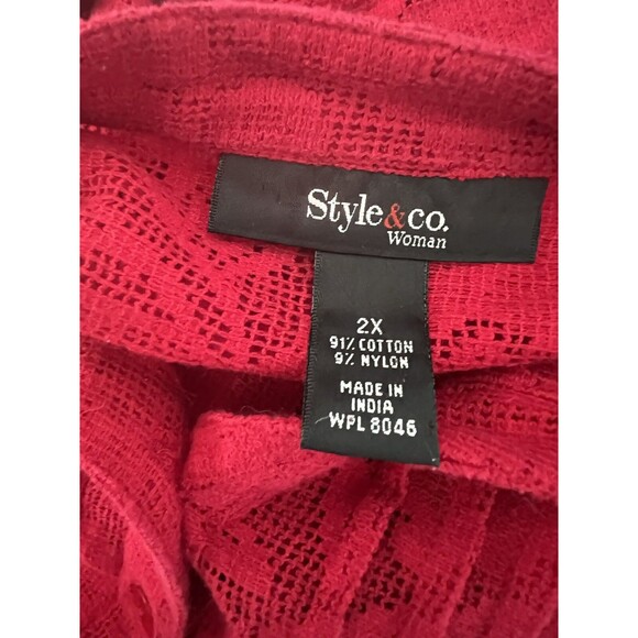 Style & Co Knit Top Blouse Plus Size 2X 3/4 Sleeves Mesh Pleated Red Work Top - Picture 9 of 10